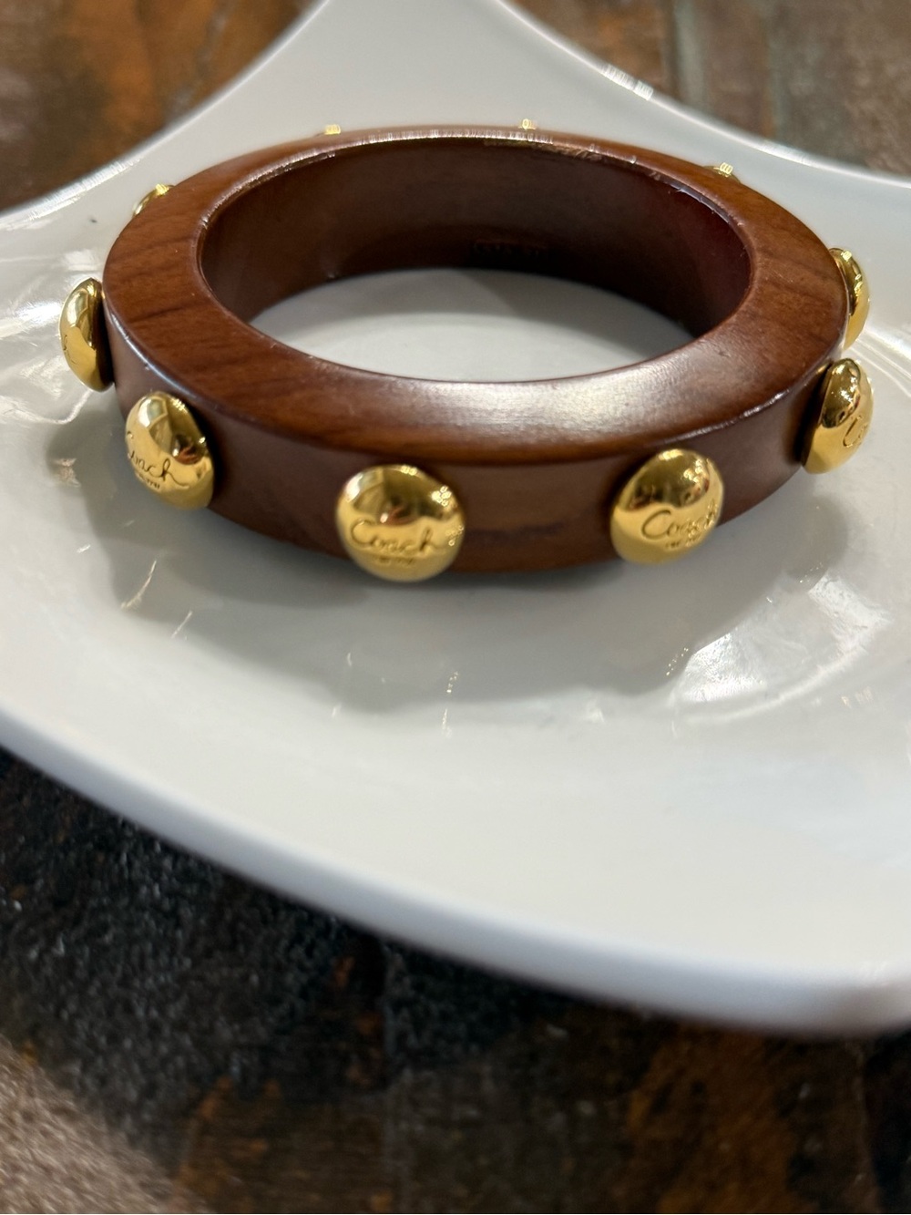 Coach Chunky Wooden Statement Bangle Bracelet with Gold Logo Studs NWOT